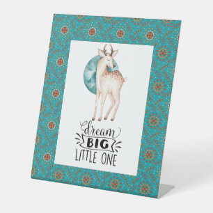 Dream Big Deer Boho Blue Border Nursery Art  Faux  Pedestal Sign