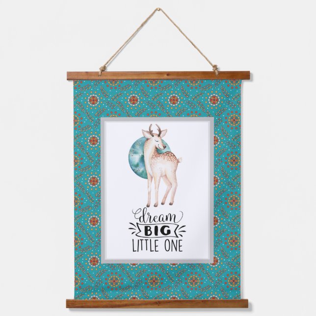 Dream Big Deer Boho Blue Border Nursery Art  Hanging Tapestry (Front)