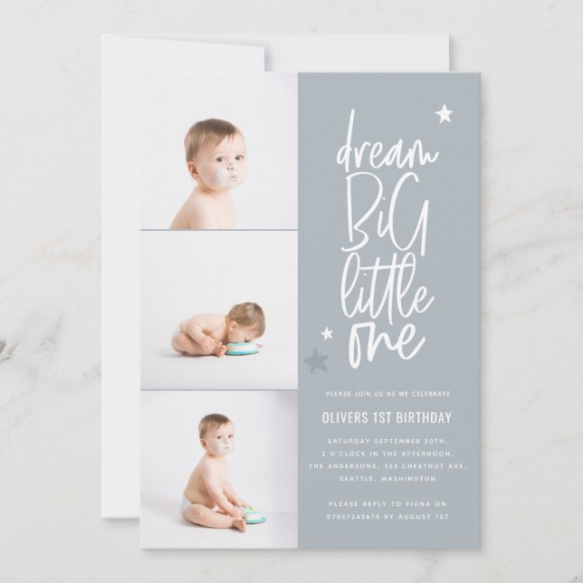 Dream big little one 1st birthday photo card (Front)