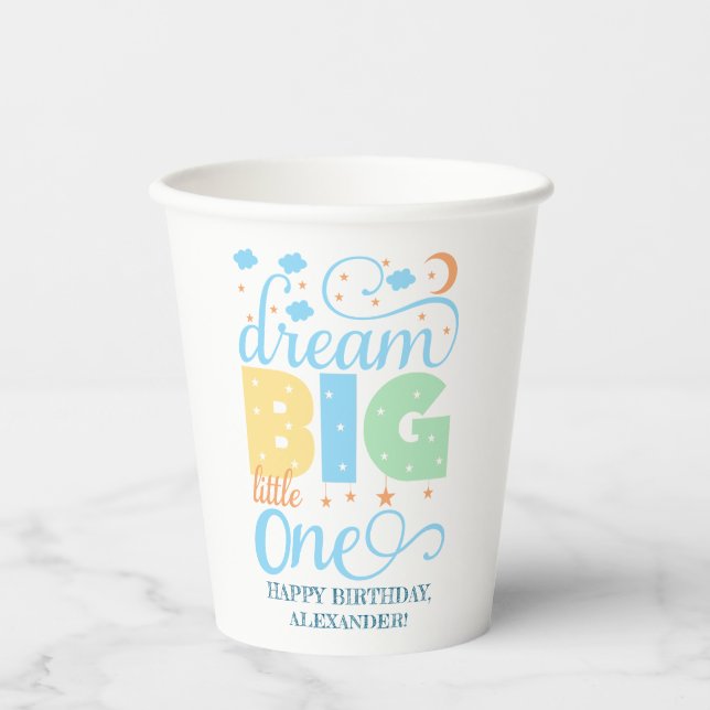 Dream Big Little One Blue Baby Boy 1st Birthday Paper Cups (Front)