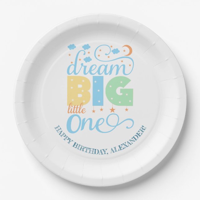 Dream Big Little One Blue Baby Boy 1st Birthday Paper Plate (Front)