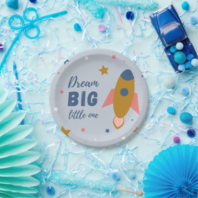 Dream Big Little One Cute Cartoon Space Rocket Paper Plate (Party)