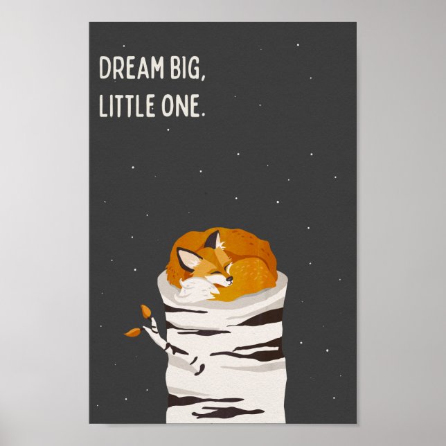 "Dream Big Little One" Cute Fox & Moon Art Kids Poster (Front)