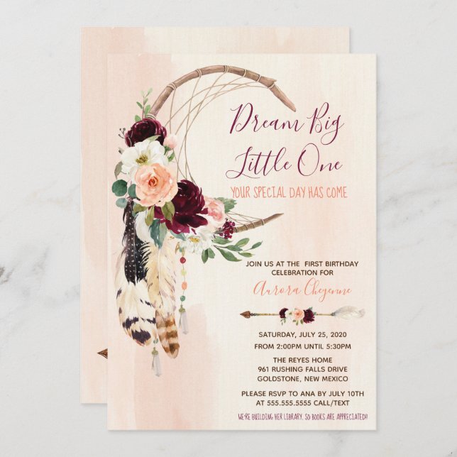 Dream Big Peach & Burgundy Boho First Birthday Invitation (Front/Back)