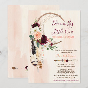 Dream Big Peach & Burgundy Boho First Birthday Invitation