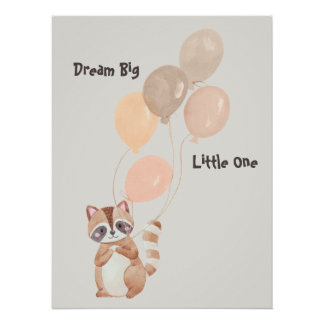 "Dream Big" Personalised Racoon Holding Balloons Poster