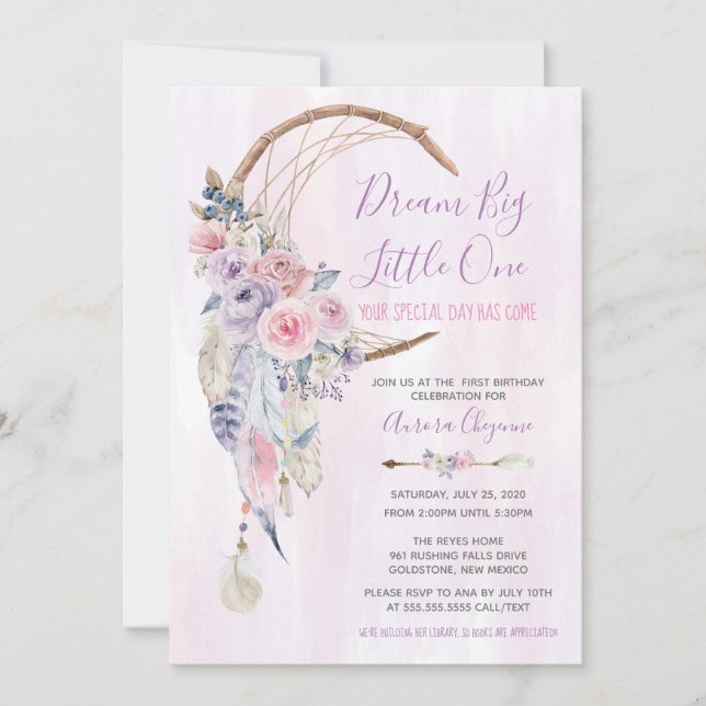 Dream Big Pink & Purple Boho First Birthday Party Invitation (Front)