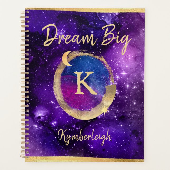 Dream Big Purple Galaxy Glam Gold Monogram Large Planner (Front)