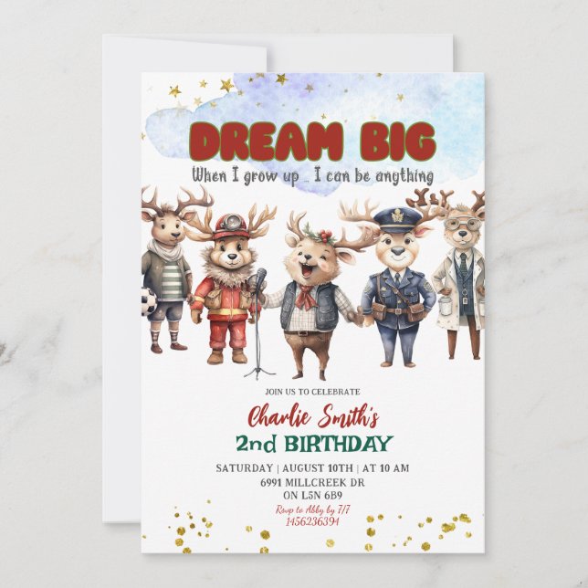 Dream Big Reindeer Career Theme Kids Birthday Invitation (Front)