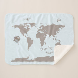 Dream Big World Traveller Blue Personalised baby Sherpa Blanket