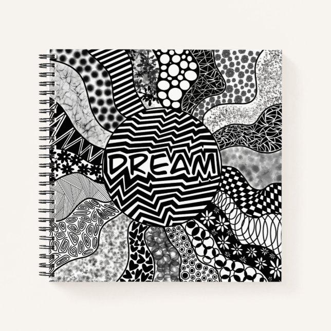 Dream Black and White Mandala Square Notebook (Front)