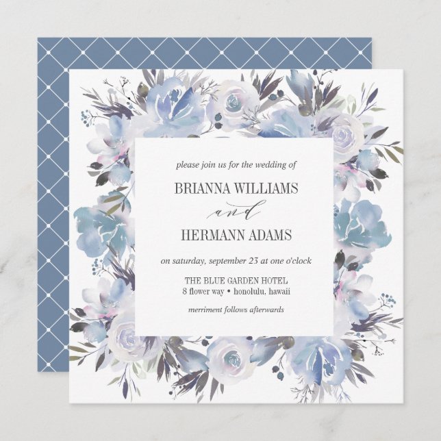 Dream Blue | Fancy Spring Floral Diamond Wedding Invitation (Front/Back)