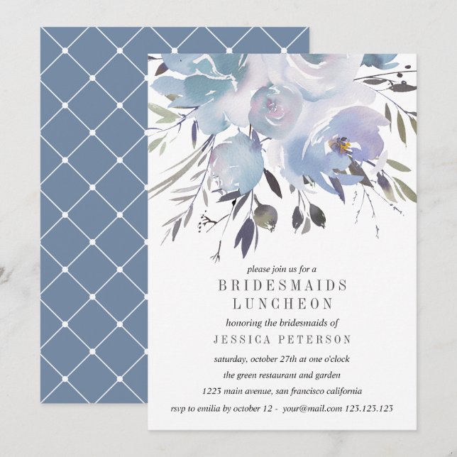 Dream Blue Flowers Bridesmaids Luncheon Wedding Invitation (Front/Back)