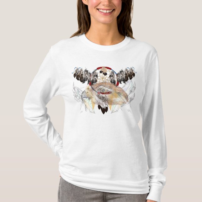 Dream Catcher and Feathers-Hawk Face Shirt (wide) (Front)
