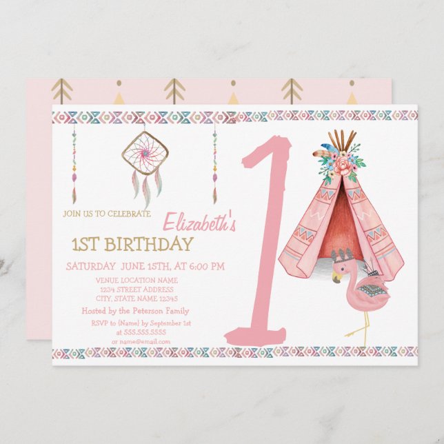 Dream Catcher,Arrows,FlamingoBirthday Invitation (Front/Back)