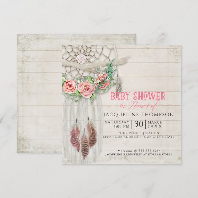 Dream Catcher Baby Shower Girl BOHO Wood Feather Invitation (Front/Back)