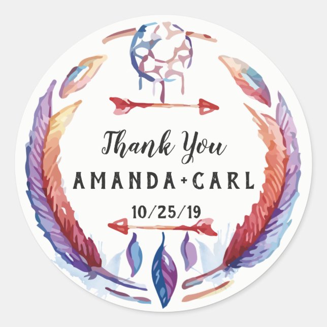 Dream Catcher Feather Arrow Boho Wedding Thank You Classic Round Sticker (Front)