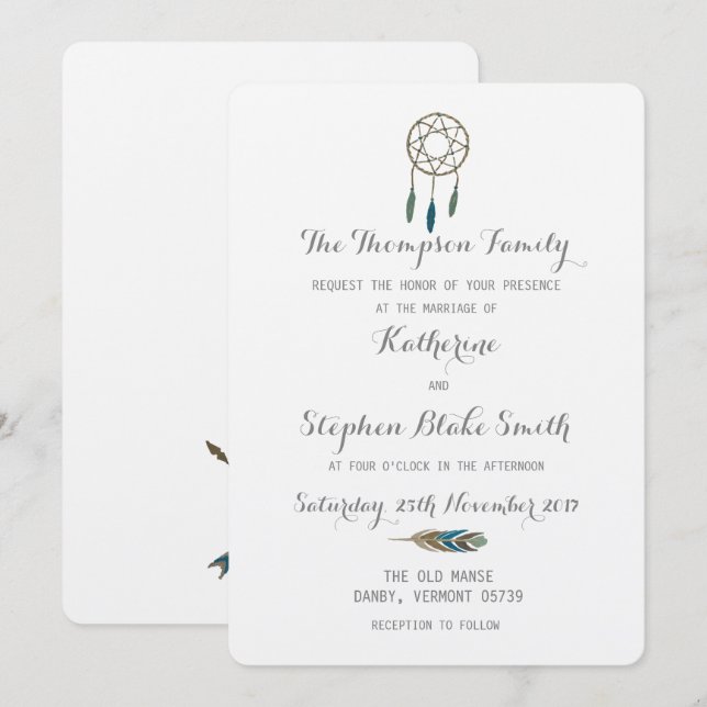 Dream Catcher Handpainted Watercolor White Wedding Invitation (Front/Back)