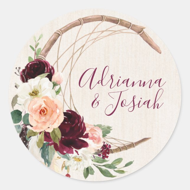 Dream Catcher Moon Peach & Burgundy Boho Wedding Classic Round Sticker (Front)
