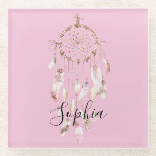 Dream Catcher Pink Feathers Glass Coaster