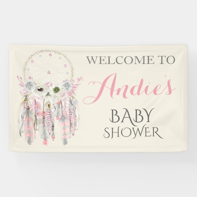 Dream Catcher Pink Grey Ivory Feathers Banner (Horizontal)