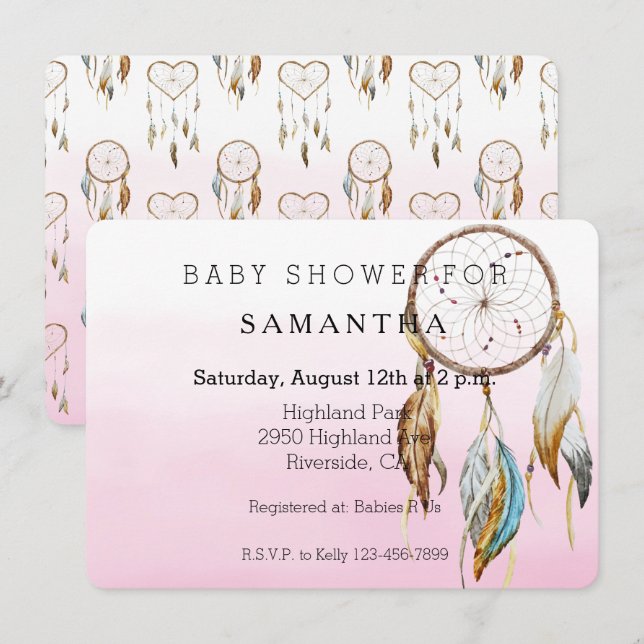 Dream Catcher Pink Watercolor baby shower Invitation (Front/Back)