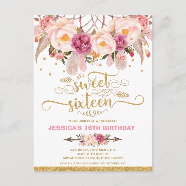 Dream Catcher Sweet 16 Birthday Invitation Boho Postcard (Front)