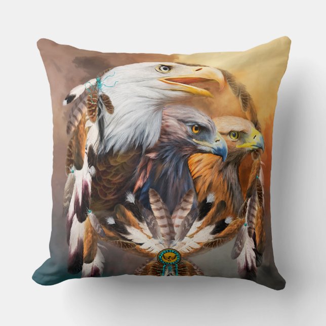 Dream Catcher - Three Eagles Art Designer Pillow (Front)