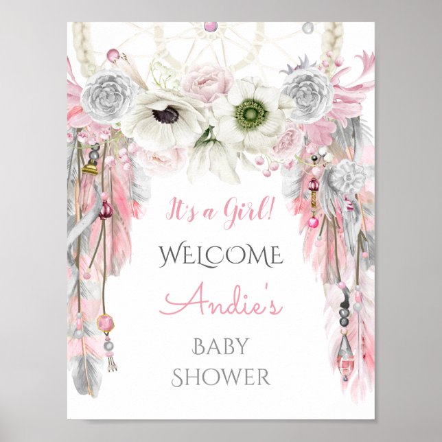 Dream Catcher Tribal Boho Welcome Sign Pink Gray (Front)