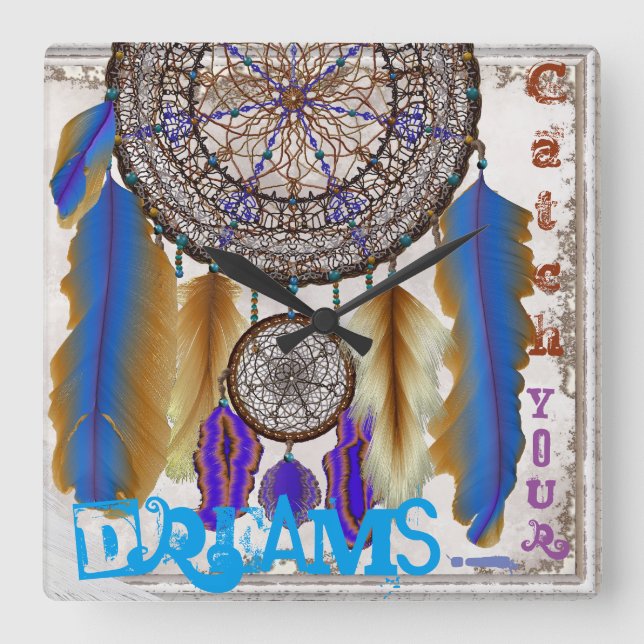Dream catcher with a magic bird blue feathers square wall clock (Front)