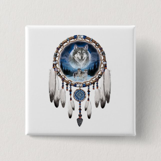 Dream Catcher with wolf background 15 Cm Square Badge (Front)