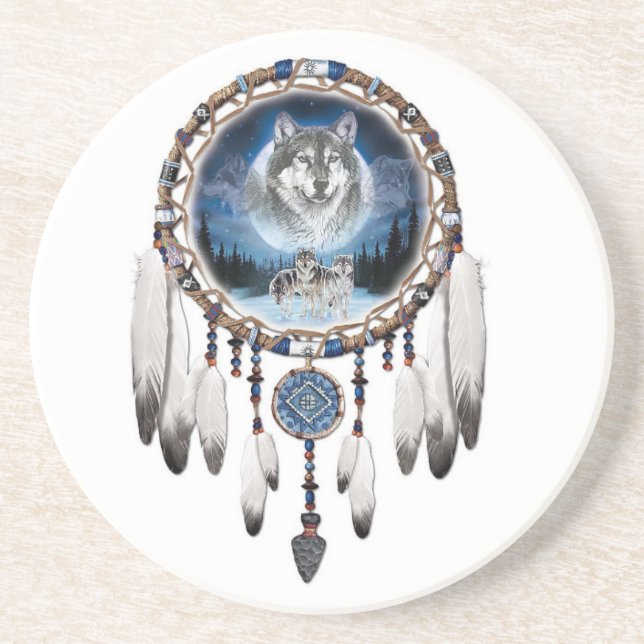 Dream Catcher with wolf background Coaster (Front)