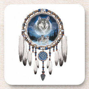Dream Catcher with wolf background Coaster