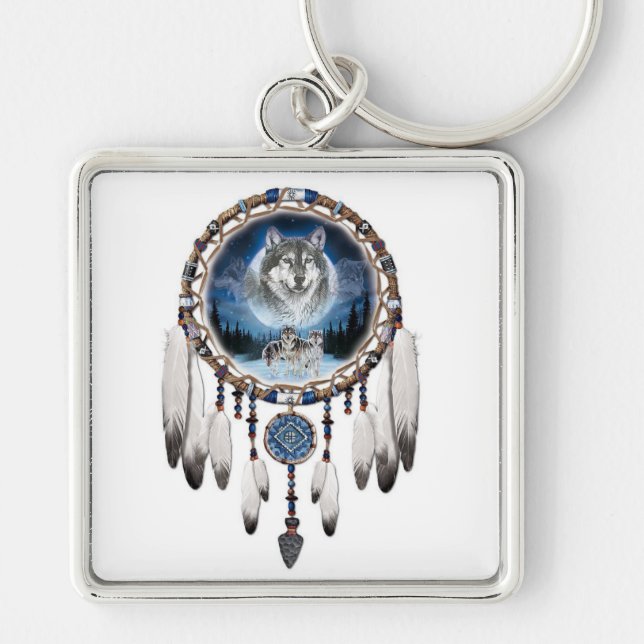 Dream catcher with wolf background key ring (Front)