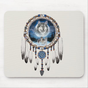 Dream Catcher with wolf background Mouse Mat