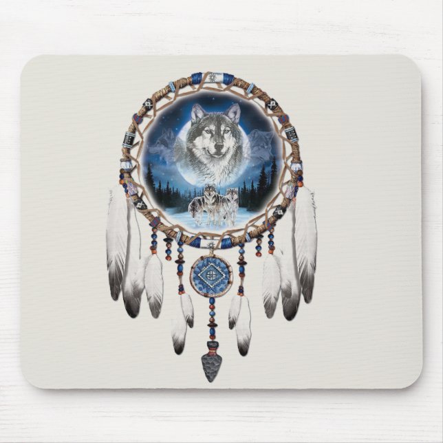 Dream Catcher with wolf background Mouse Mat (Front)