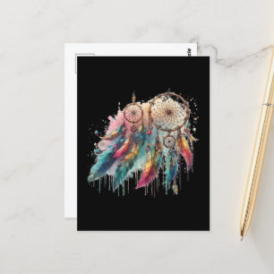 dream catchers and multicolored feathers postcard
