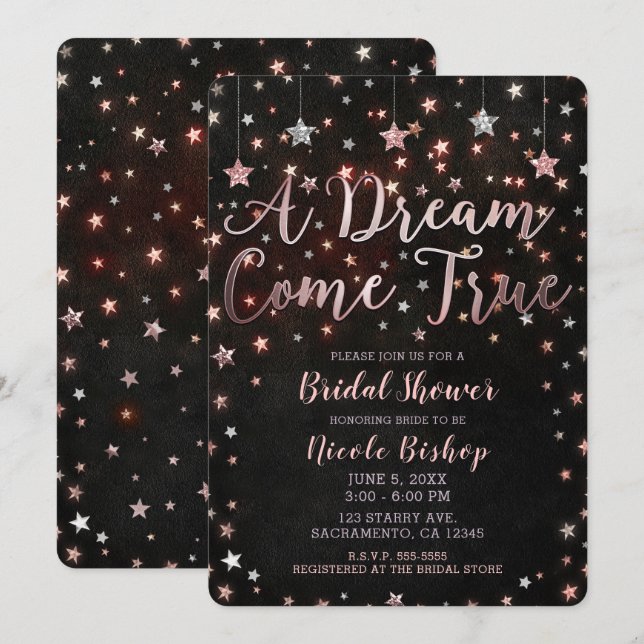 Dream Come True Black Rose Gold Bridal Shower Invitation (Front/Back)