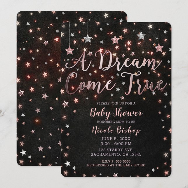 Dream Come True Black Rose Gold Stars Baby Shower Invitation (Front/Back)