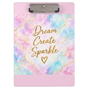 Dream Create Sparkle Pastel Watercolor Gold Pink Clipboard