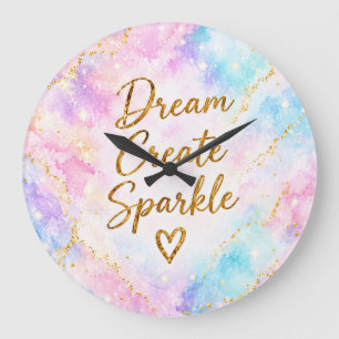Dream Create Sparkle Pastel Watercolor Gold Pink Large Clock