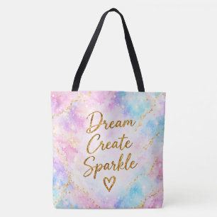 Dream Create Sparkle Pastel Watercolor Gold Pink Tote Bag