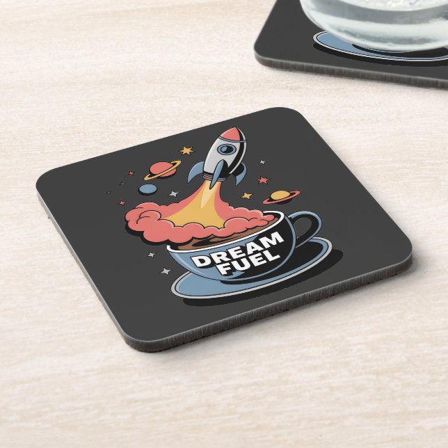 Dream Fuel Graphic: Rocket Launching from Coffee  Coaster (Left Side)