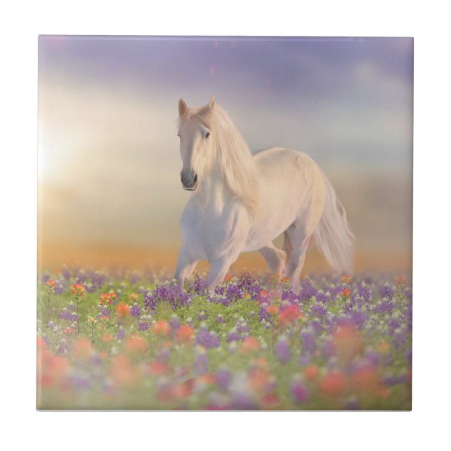 Dream horse running through field of pink flowers tile (Front)