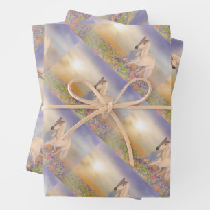 Dream Horse running through meadow of pink flowers Wrapping Paper Sheet