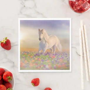 Dream Horse running through pink flower meadow Napkin