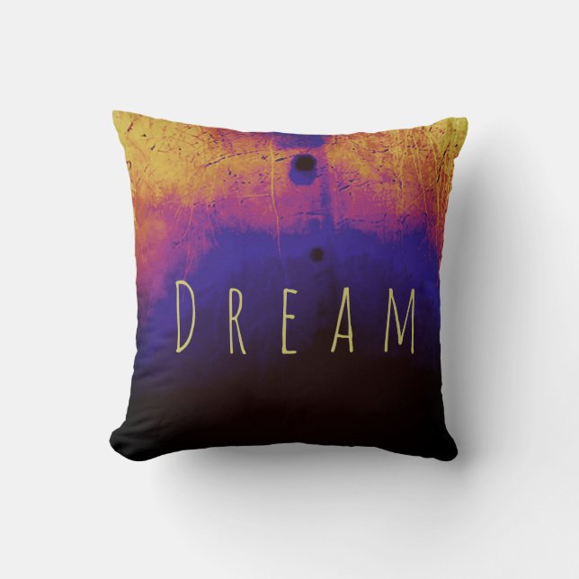 "Dream" in Yellow on Black Blue Magenta Gold Motif Cushion (Front)