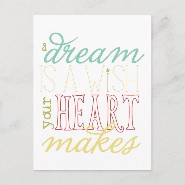 dream is a wish postcard - red aqua yellow green (Front)