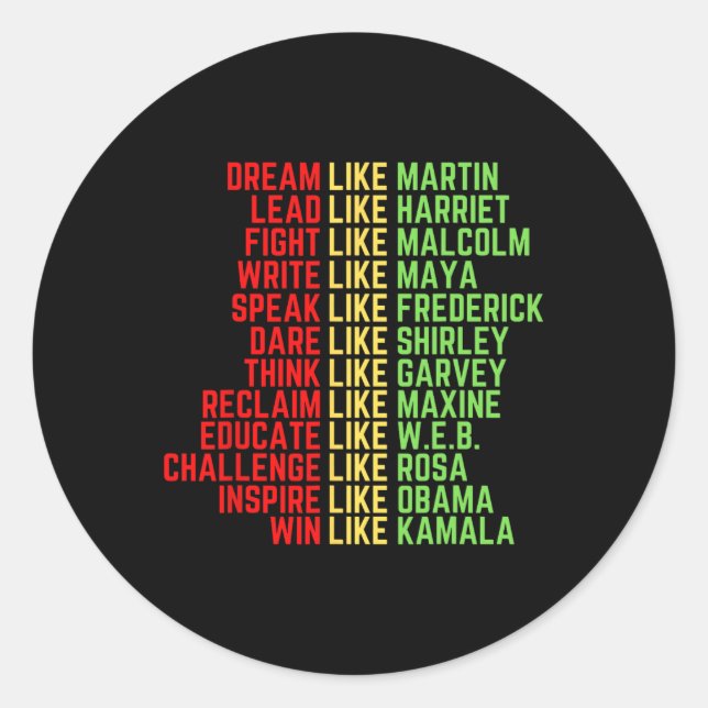 Dream Like Martin Men Women Boys Girls Black Histo Classic Round Sticker (Front)