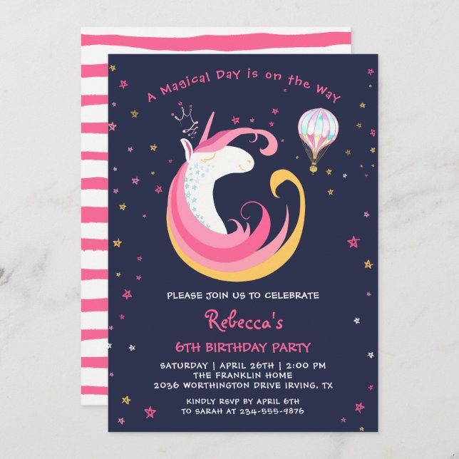 Dream Magical Unicorn & Hot Air Balloon Birthday Invitation (Front/Back)